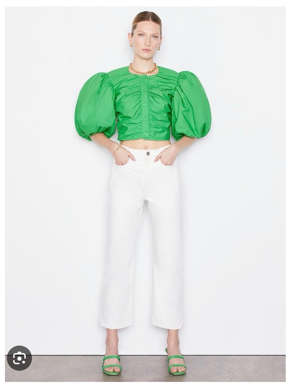 Frame Denim Green Puff-Sleeve Cropped Blouse